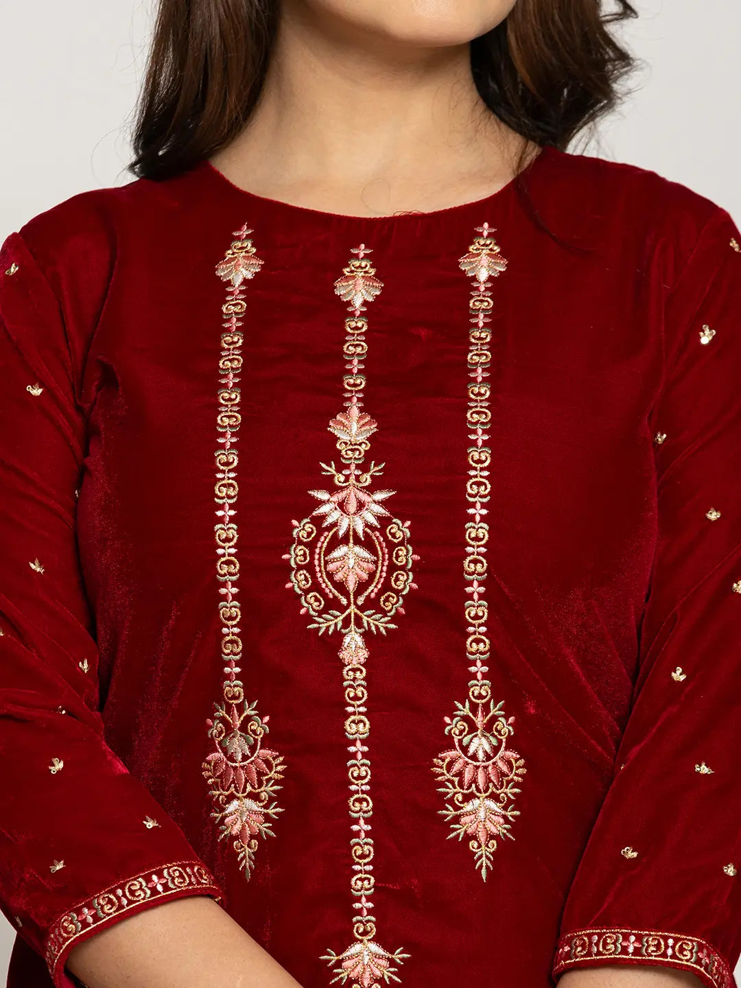 Yufta Maroon Velvet Embroidered Co-Ord Set With Cotton Lining