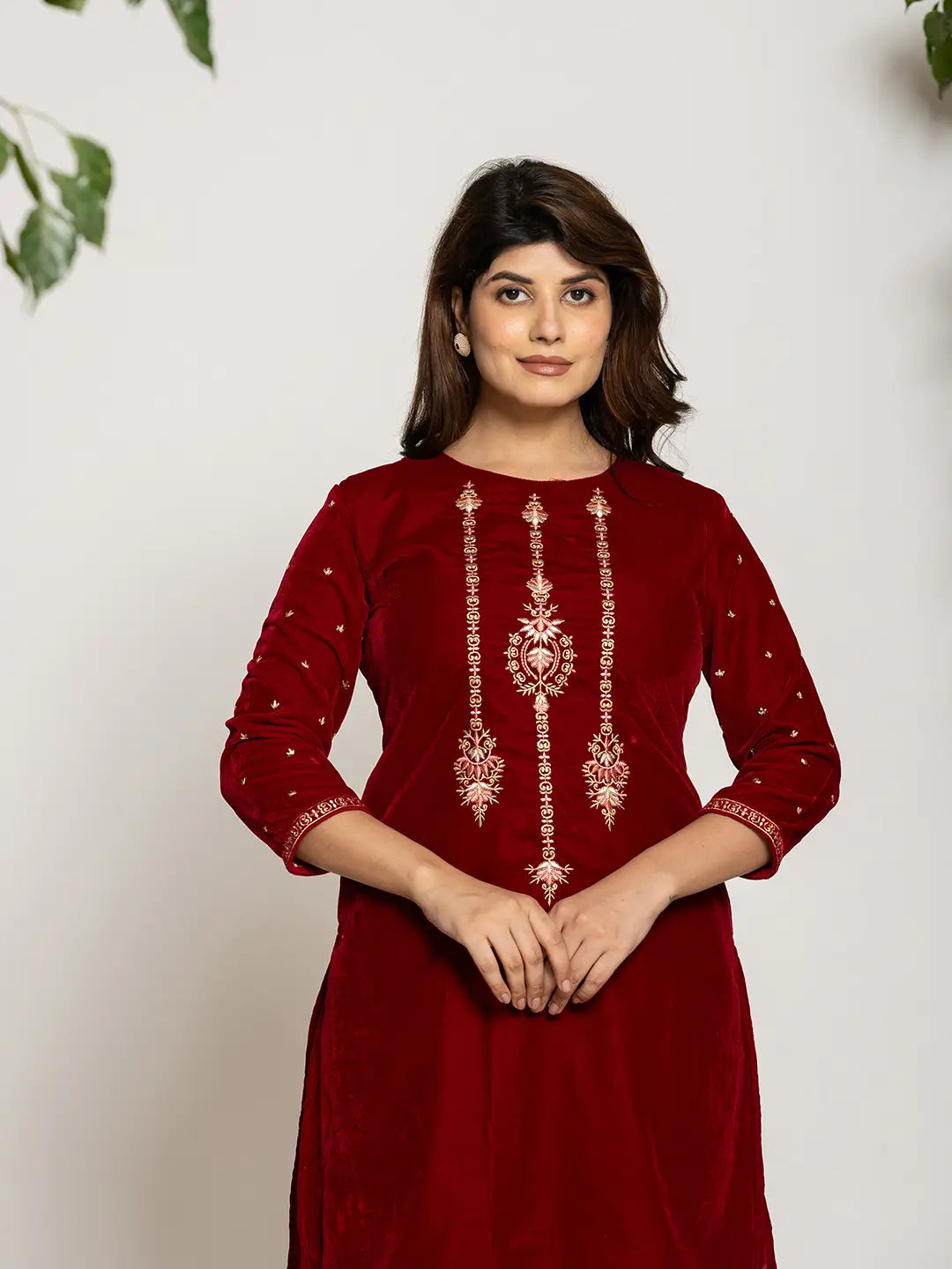 Yufta Maroon Velvet Embroidered Co-Ord Set With Cotton Lining