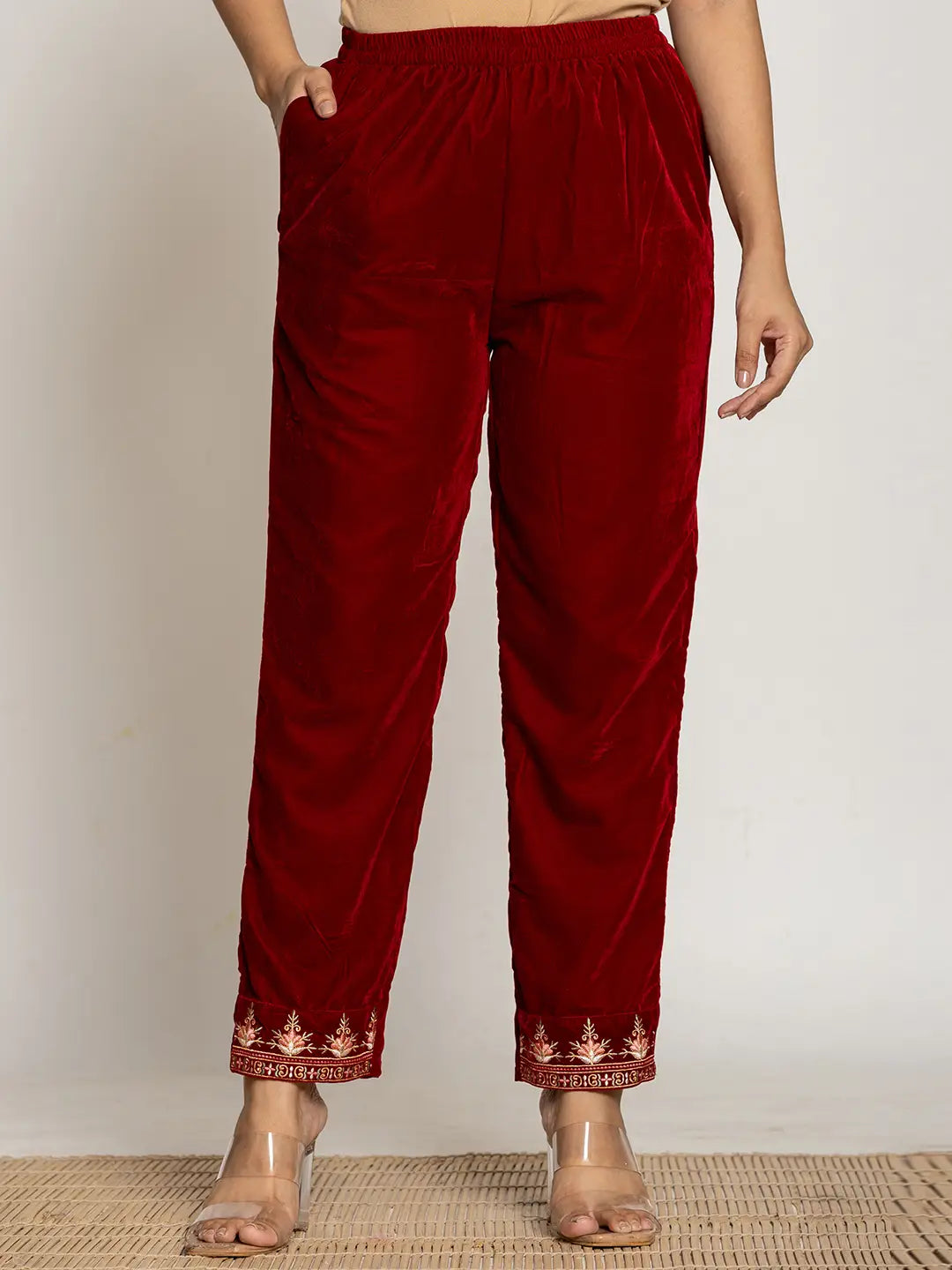 Yufta Maroon Velvet Embroidered Co-Ord Set With Cotton Lining