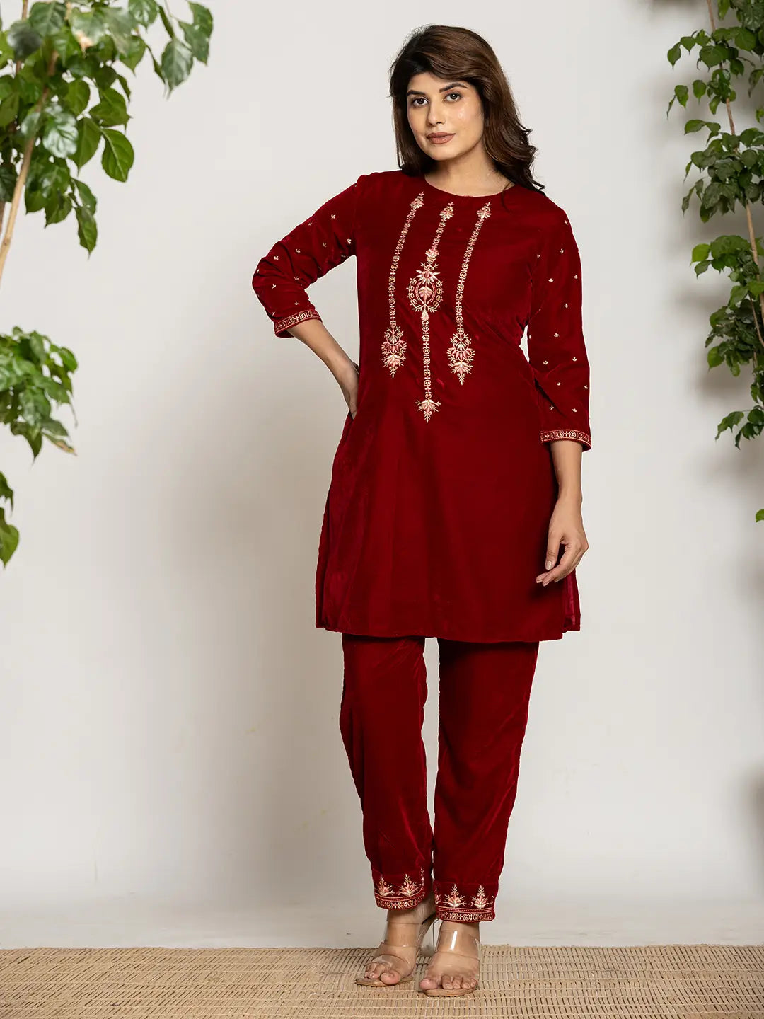 Yufta Maroon Velvet Embroidered Co-Ord Set With Cotton Lining