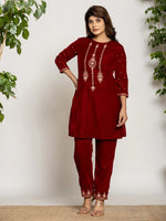 Thumbnail for Yufta Maroon Velvet Embroidered Co-Ord Set With Cotton Lining