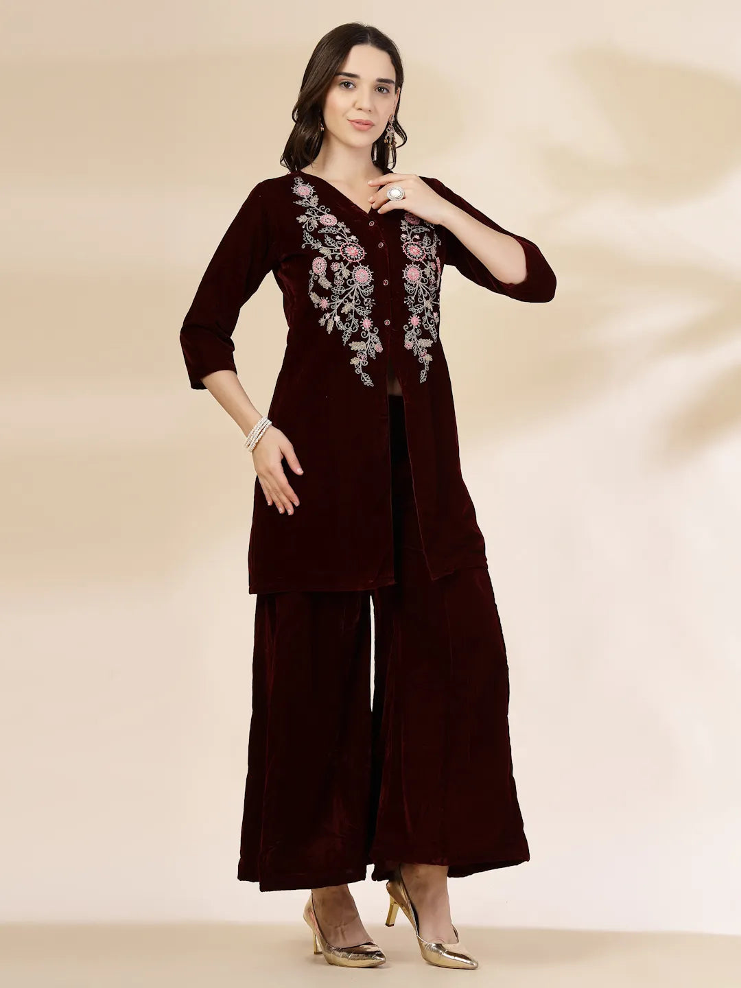 Yufta Maroon Velvet Zari Work CoOrd Set - Distacart