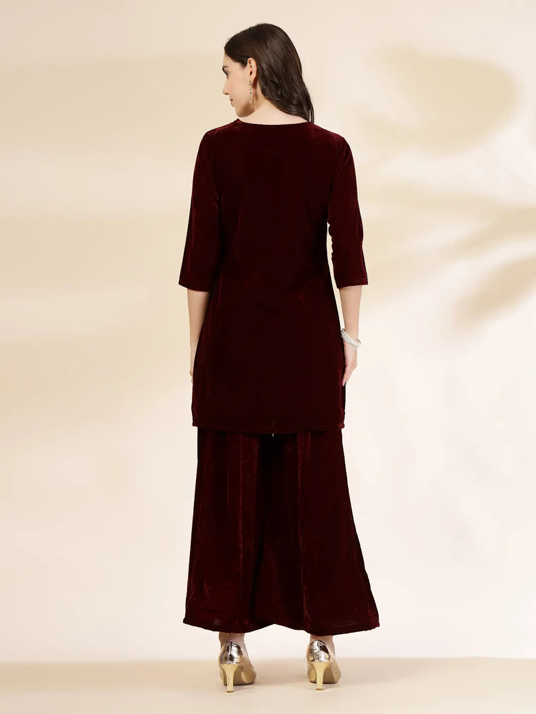 Yufta Maroon Velvet Zari Work CoOrd Set - Distacart