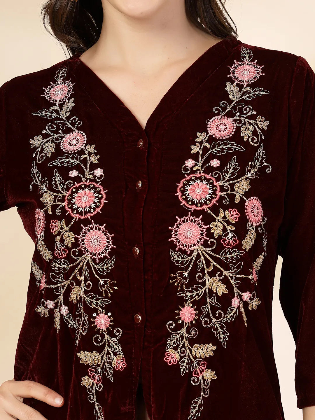 Yufta Maroon Velvet Zari Work CoOrd Set - Distacart