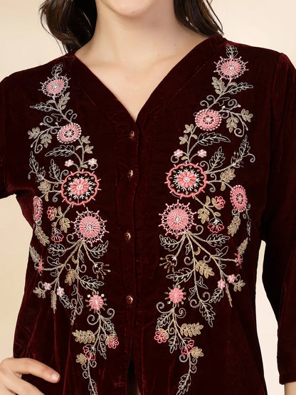 Yufta Maroon Velvet Zari Work CoOrd Set - Distacart