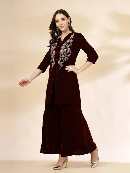 Yufta Maroon Velvet Zari Work CoOrd Set - Distacart