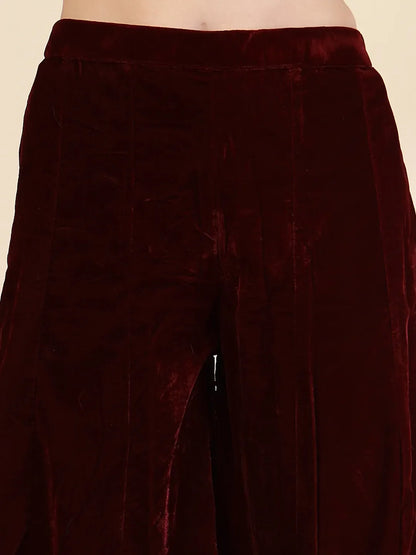 Yufta Maroon Velvet Zari Work CoOrd Set - Distacart