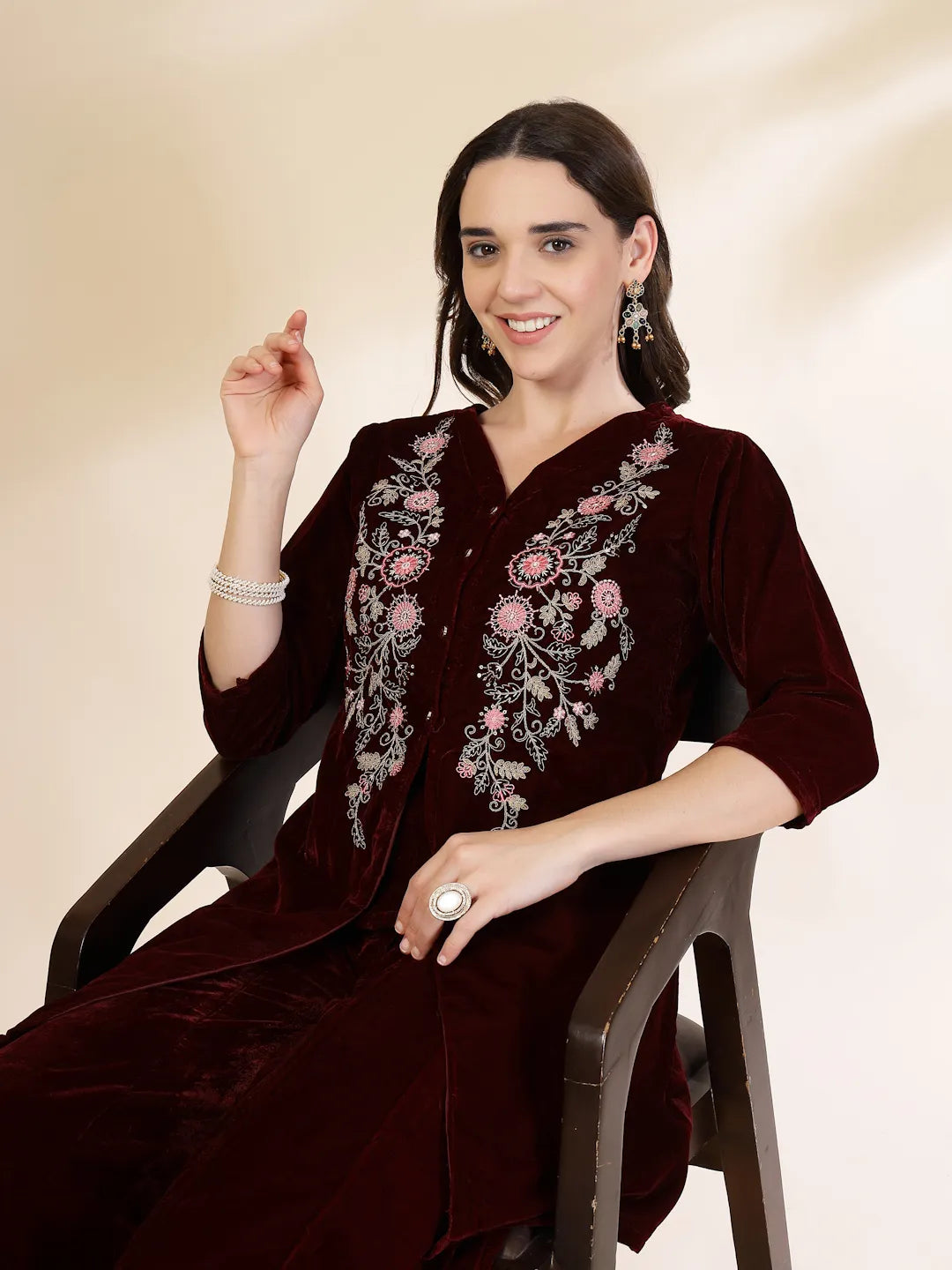 Yufta Maroon Velvet Zari Work CoOrd Set - Distacart