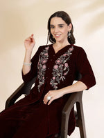 Thumbnail for Yufta Maroon Velvet Zari Work CoOrd Set
