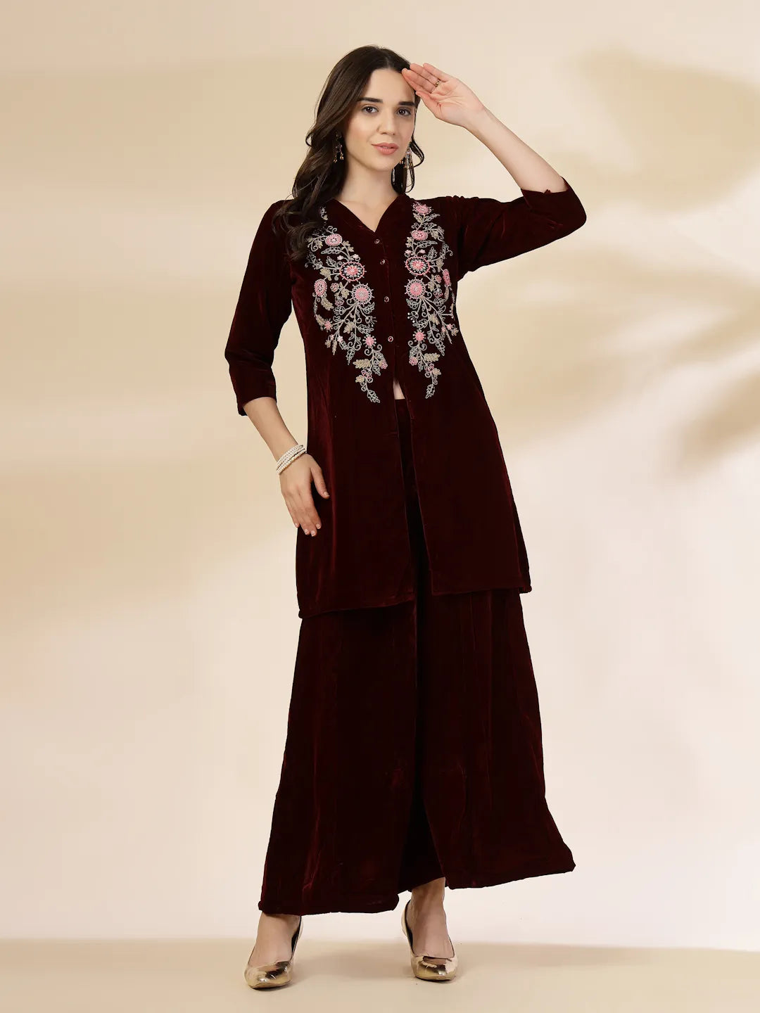 Yufta Maroon Velvet Zari Work CoOrd Set - Distacart
