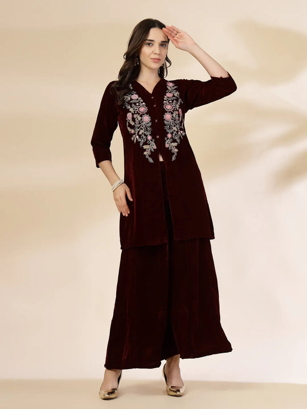 Yufta Maroon Velvet Zari Work CoOrd Set