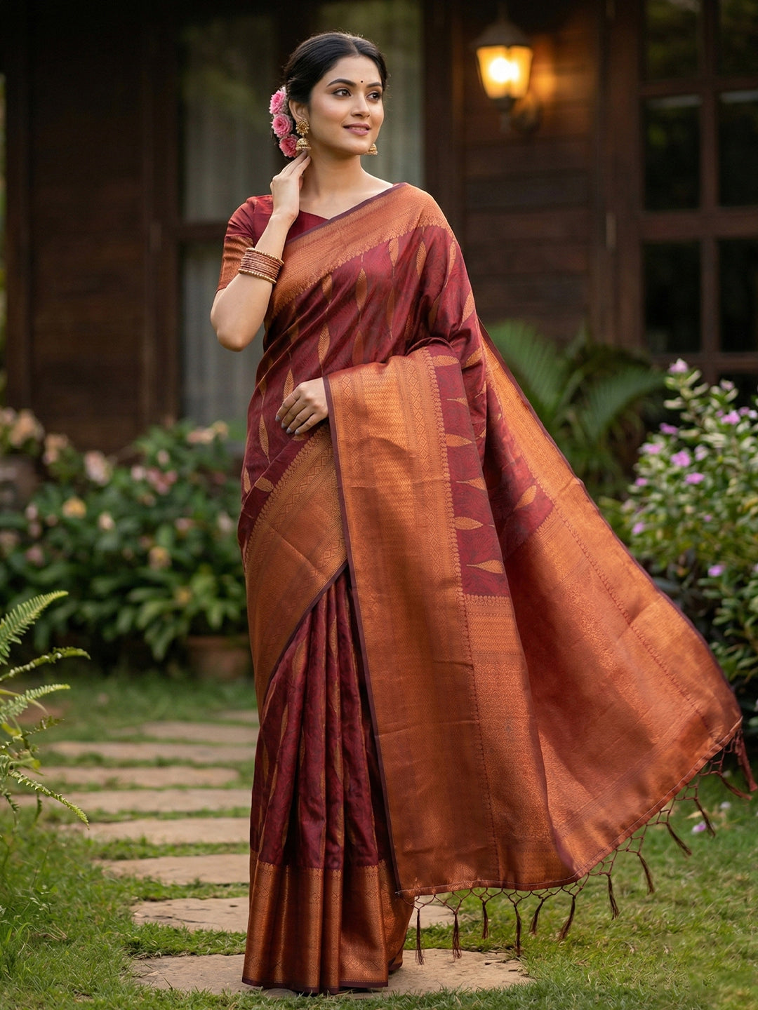 Anaita Maroon Silk Blend Woven Saree With Blouse - Dista