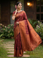 Thumbnail for Anaita Maroon Silk Blend Woven Saree With Blouse - Dista
