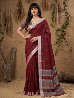 Thumbnail for Anaita Maroon Linen Cotton Zari Work Saree With Blouse - Dista