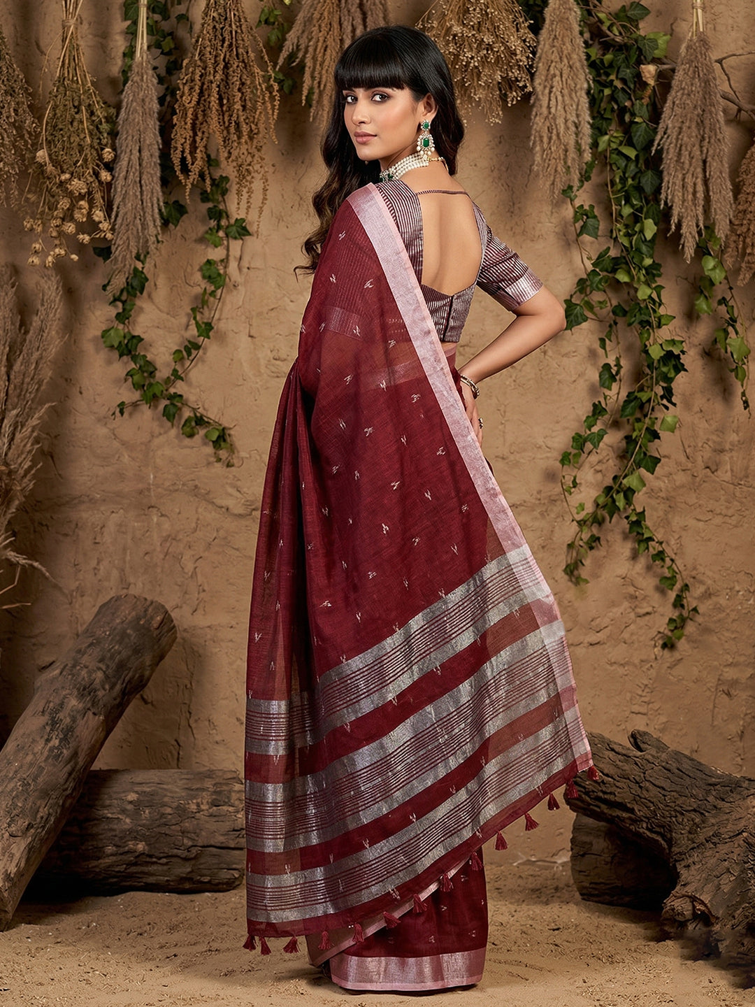 Anaita Maroon Linen Cotton Zari Work Saree With Blouse - Dista