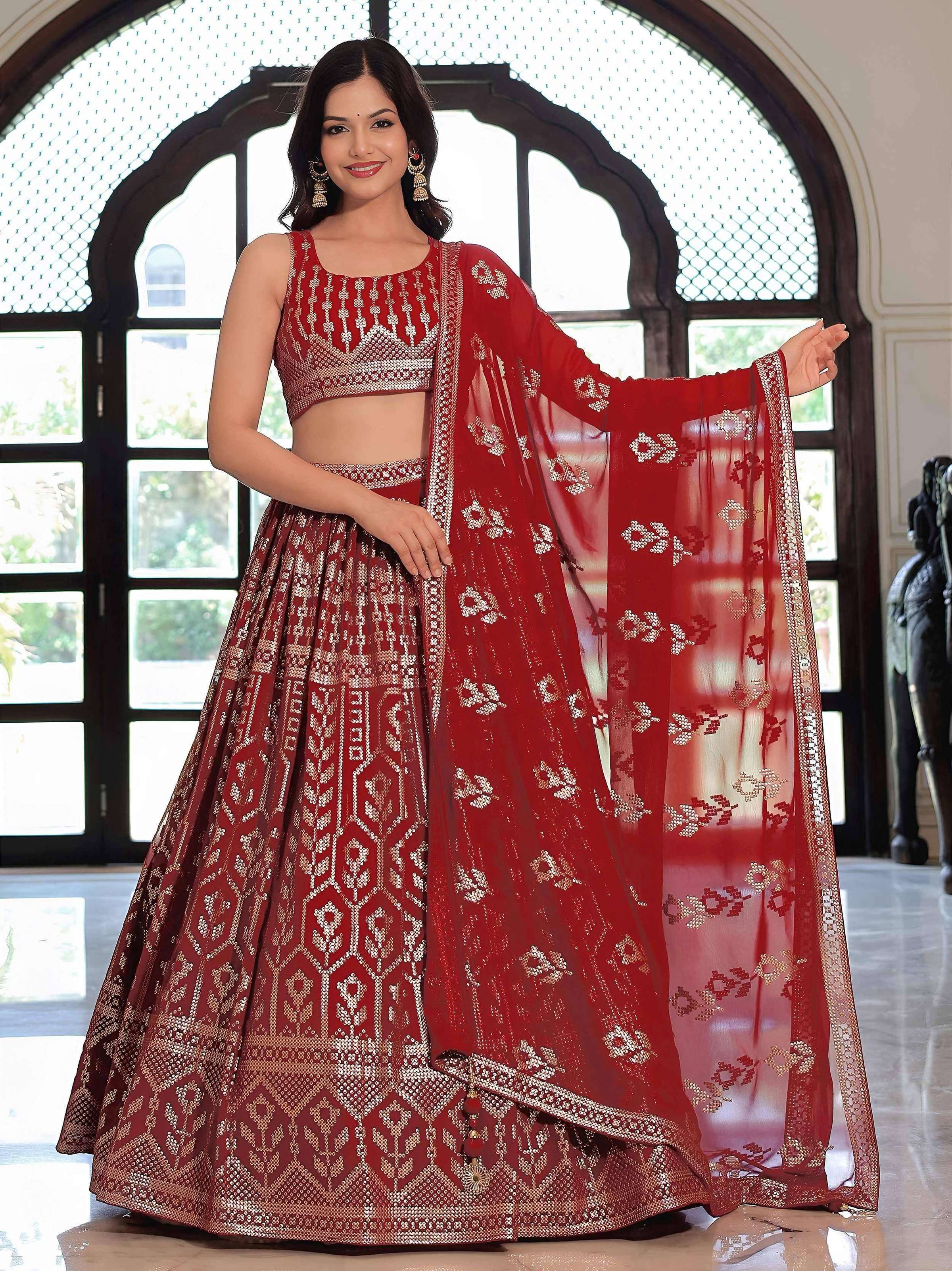 Tulsi Art Elegant Maroon Georgette Embroidered Lehenga Choli With Dupatta - Dista