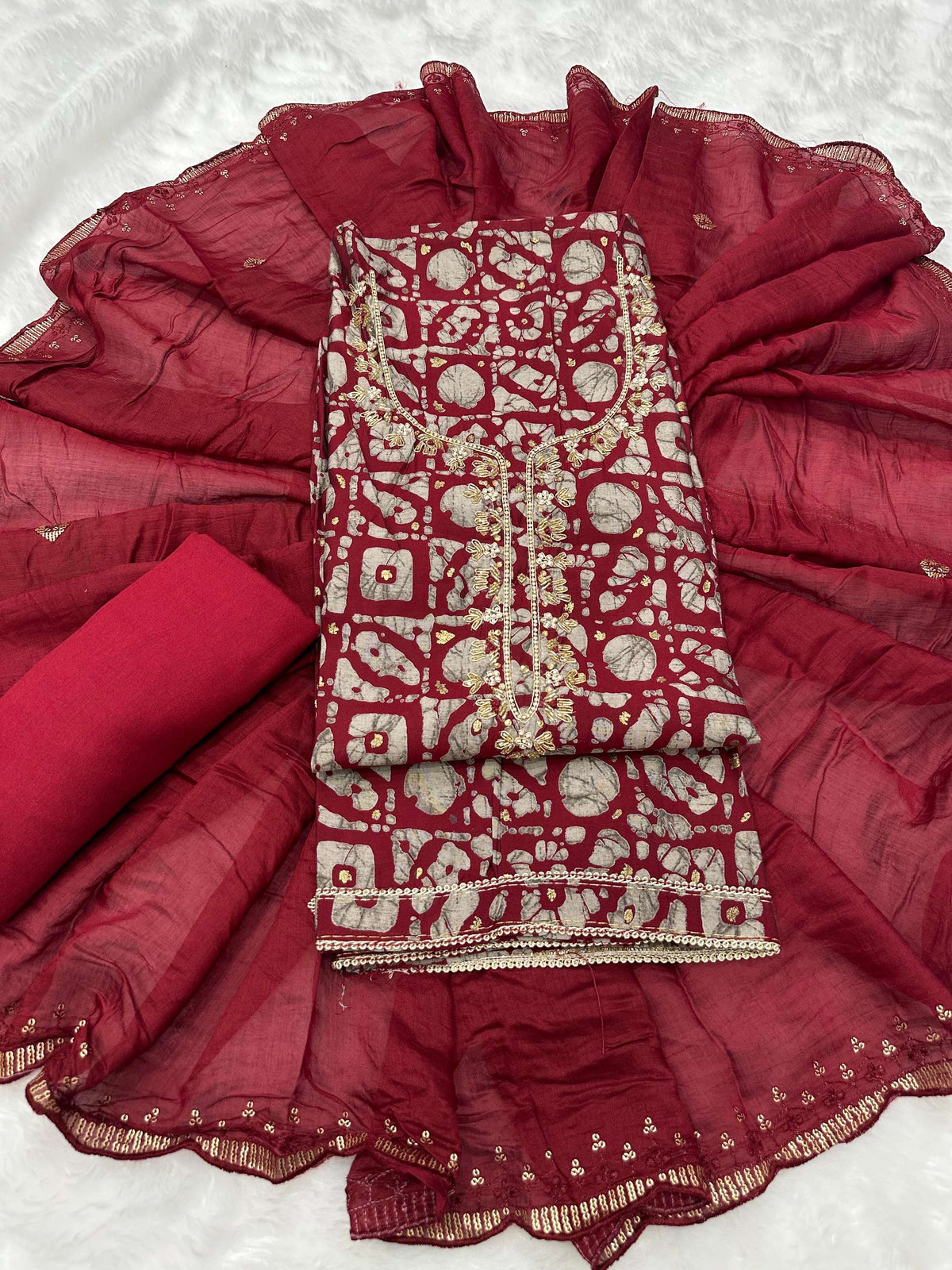 Anaita Maroon Silk Unstitched Suit with Printed & Khatli Work - Dista