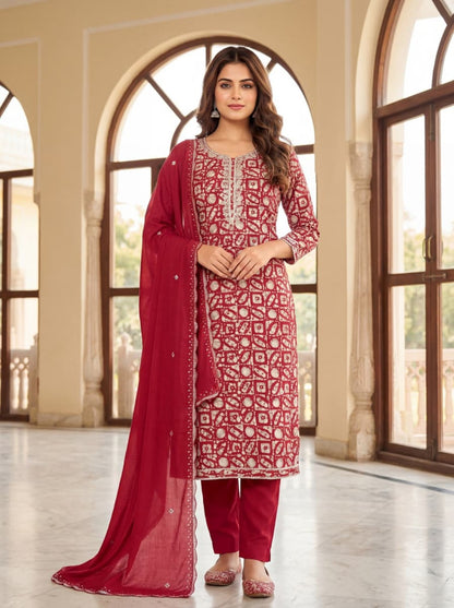 Anaita Maroon Silk Unstitched Suit with Printed & Khatli Work - Dista