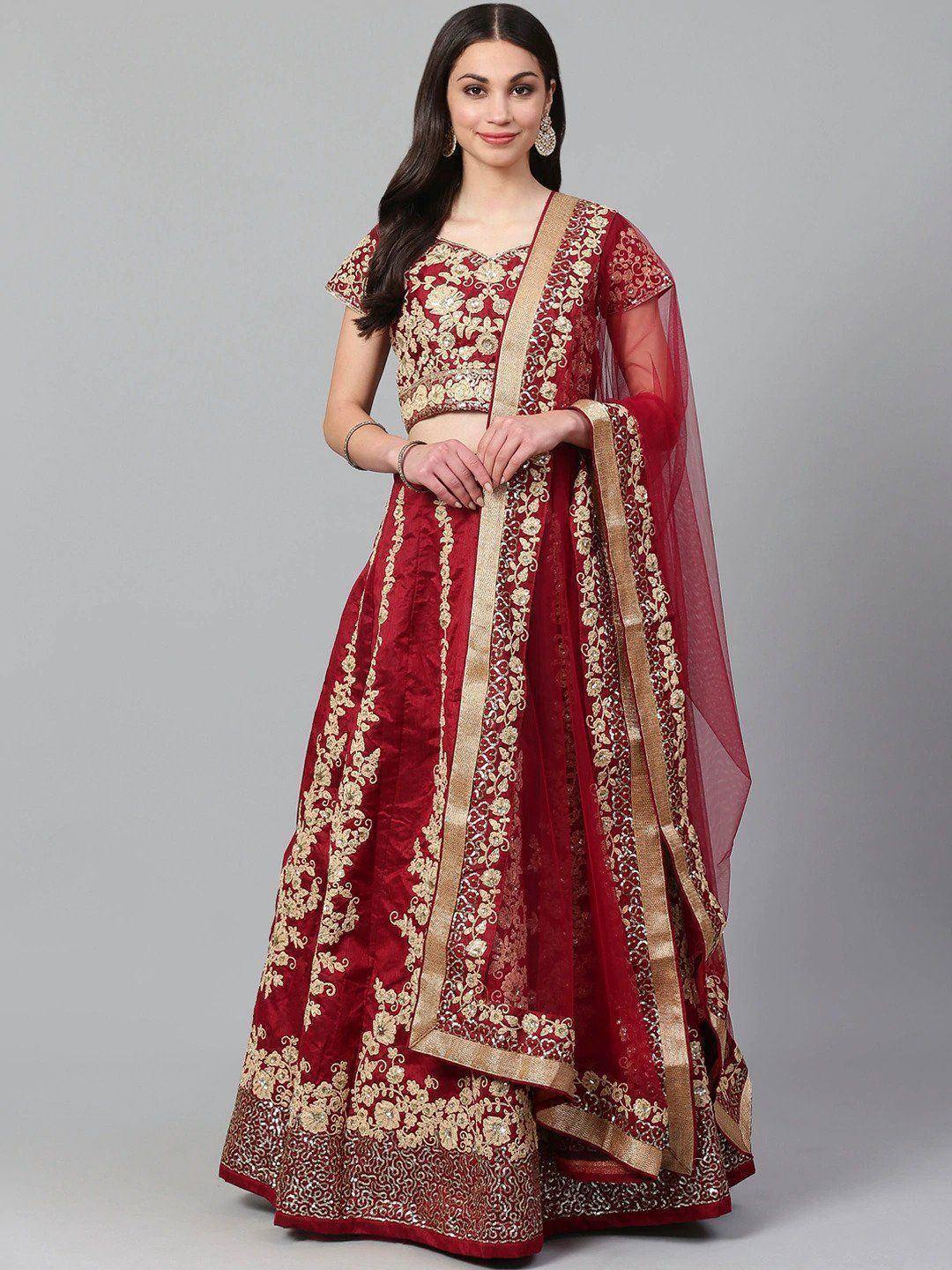 Tulsi Art Maroon & Golden Semi-Stitched Myntra Wedding Lehenga & Unstitched Blouse With Dupatta - Dista