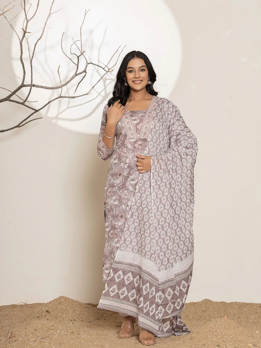 Yufta Mauve Floral Print Cotton Straight Kurta Dupatta Set - Distacart