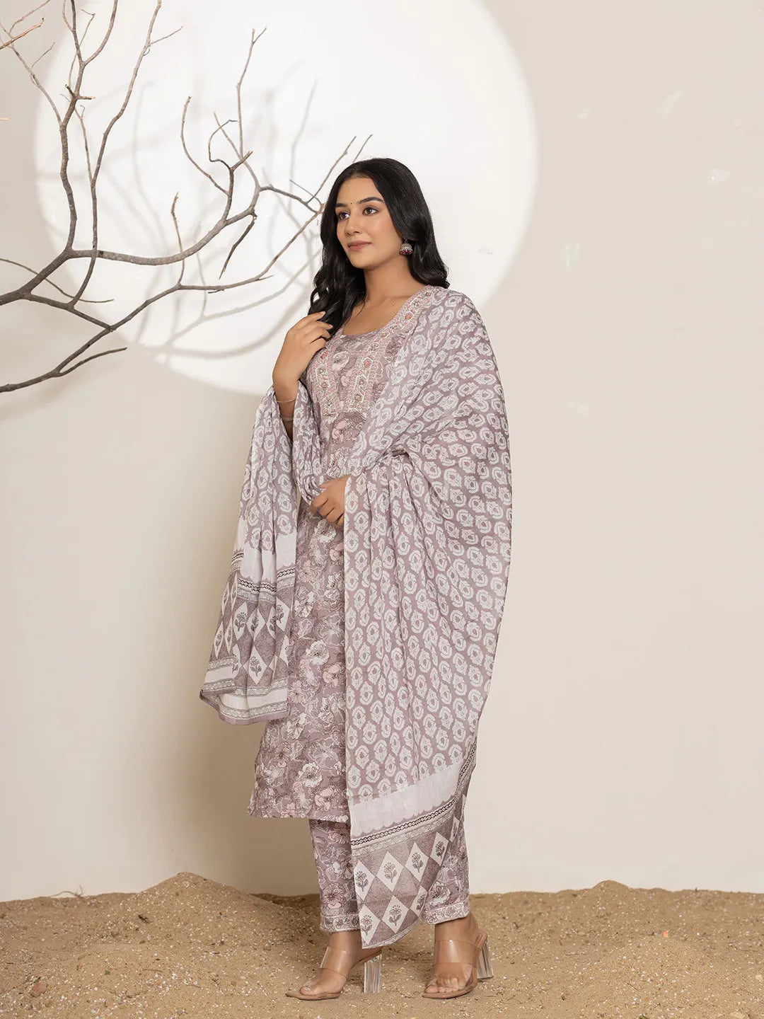 Yufta Mauve Floral Print Cotton Straight Kurta Dupatta Set - Distacart