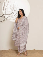 Thumbnail for Yufta Mauve Floral Print Cotton Straight Kurta Dupatta Set - Distacart