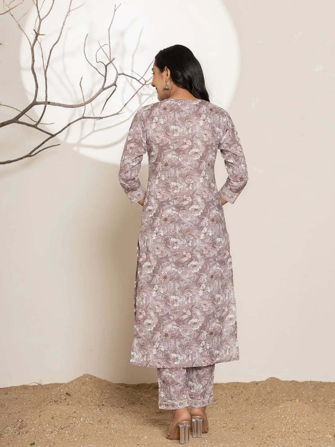 Yufta Mauve Floral Print Cotton Straight Kurta Dupatta Set - Distacart