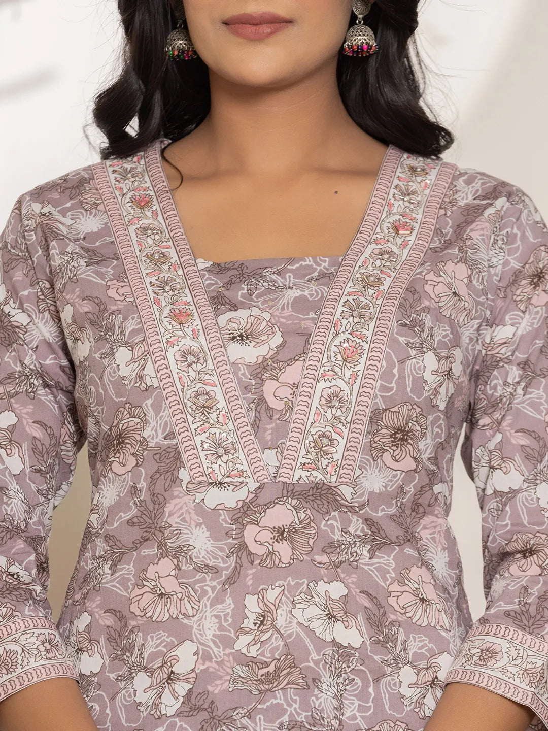 Yufta Mauve Floral Print Cotton Straight Kurta Dupatta Set - Distacart
