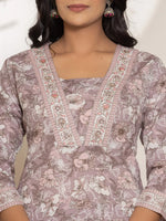 Thumbnail for Yufta Mauve Floral Print Cotton Straight Kurta Dupatta Set - Distacart