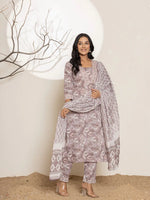 Thumbnail for Yufta Mauve Floral Print Cotton Straight Kurta Dupatta Set - Distacart