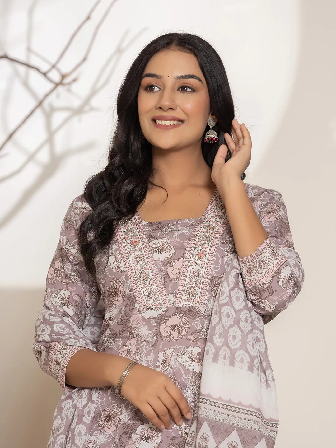 Yufta Mauve Floral Print Cotton Straight Kurta Dupatta Set - Distacart