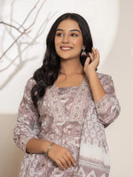 Thumbnail for Yufta Mauve Floral Print Cotton Straight Kurta Dupatta Set - Distacart