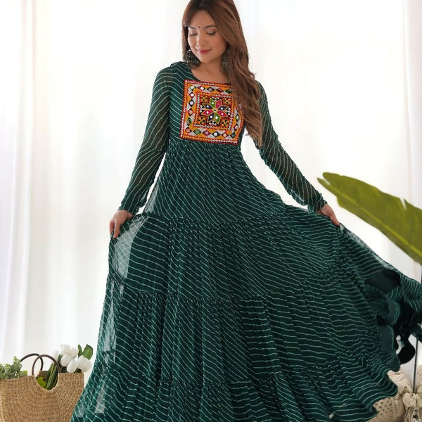 Joban Fashion Bottle Green Kurta Set Chanderi Sequence Embroidery Work