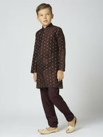 Thumbnail for Joban Fashion Kids Island Full Sleeves Chanderi Kurta, Pyjama Set with Traditional Butta Work - Brown - Distacart