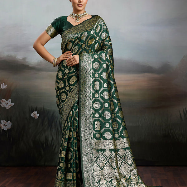 Shree Shyam Fashion Bottle Green Silk Blend Saree - Distacart