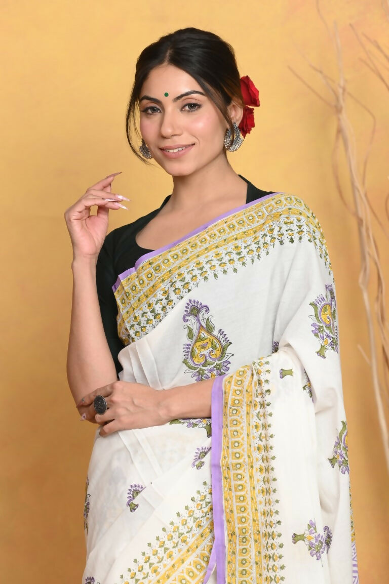 Very Much Indian Handblock Printed Cotton Saree With Natural Dyes - White - Distacart