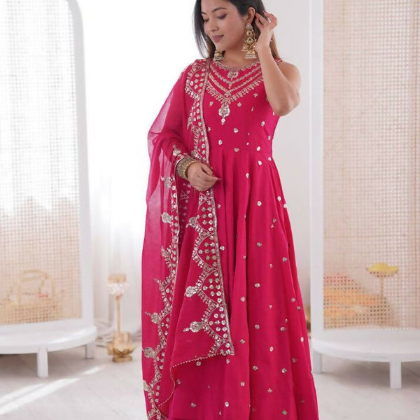 Teeya Creation Pink Color Roman Silk Embroidery Work Party Wear Gown - Distacart