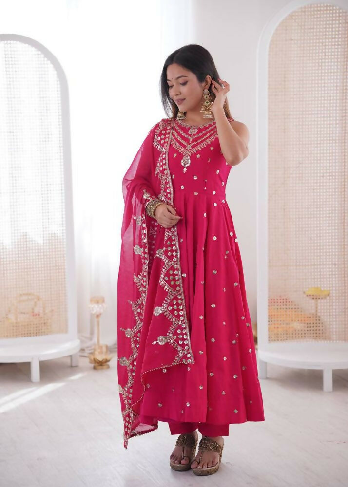Teeya Creation Pink Color Roman Silk Embroidery Work Party Wear Gown - Distacart