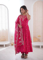 Thumbnail for Teeya Creation Pink Color Roman Silk Embroidery Work Party Wear Gown - Distacart