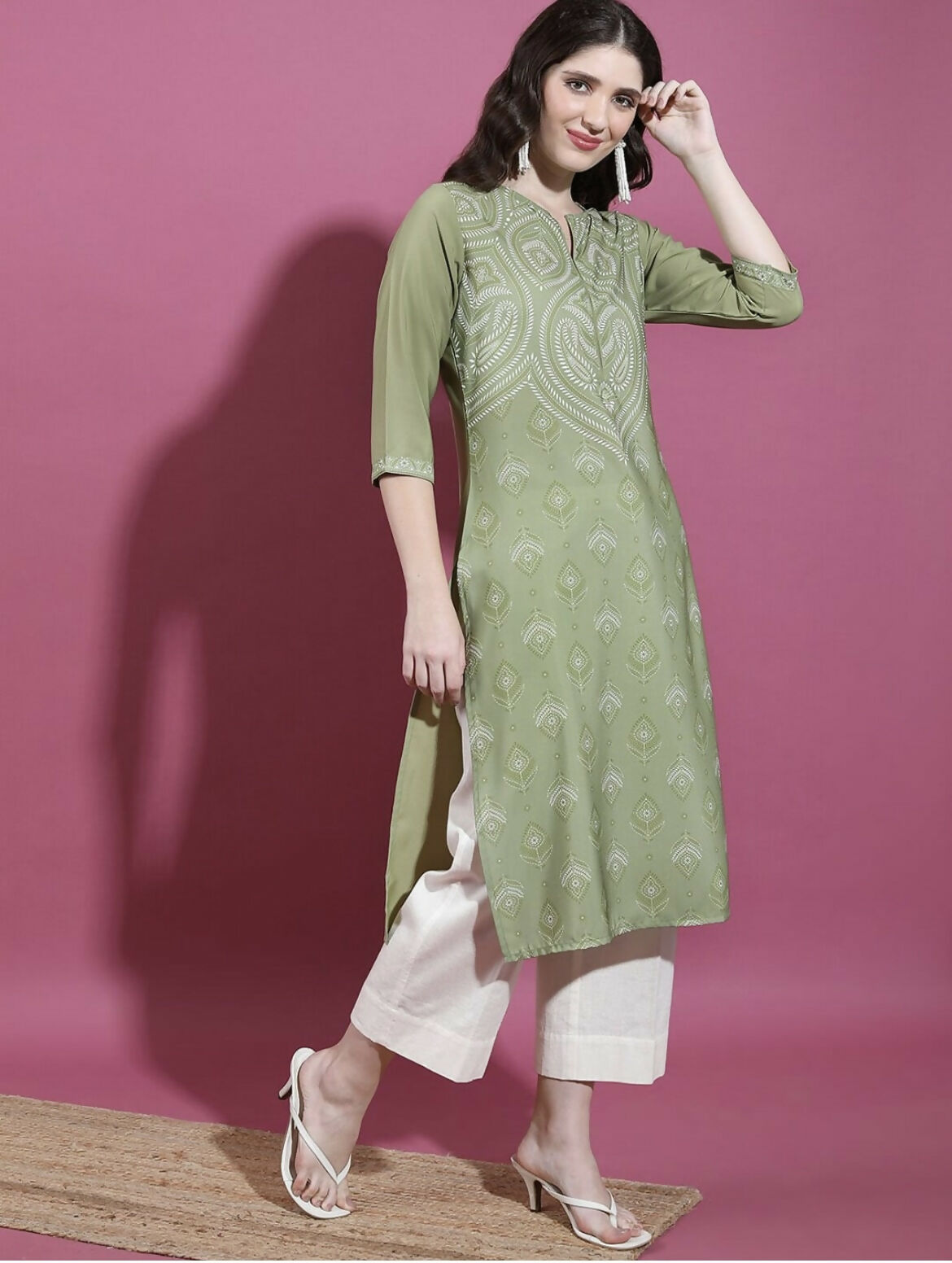 Cheera Women Stylish Hand Block Printed Cotton Blend Flared Kurta - Olive Green - Distacart