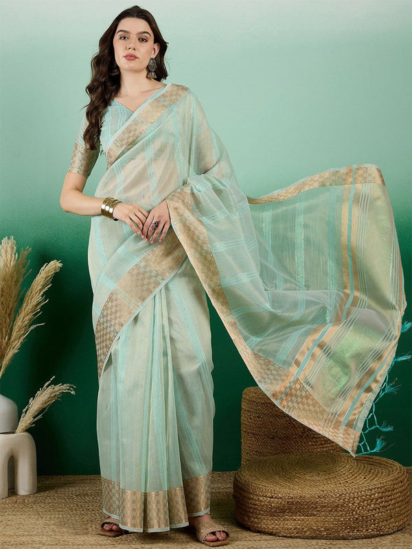 Mitera Striped Zari Organza Saree - Distacart