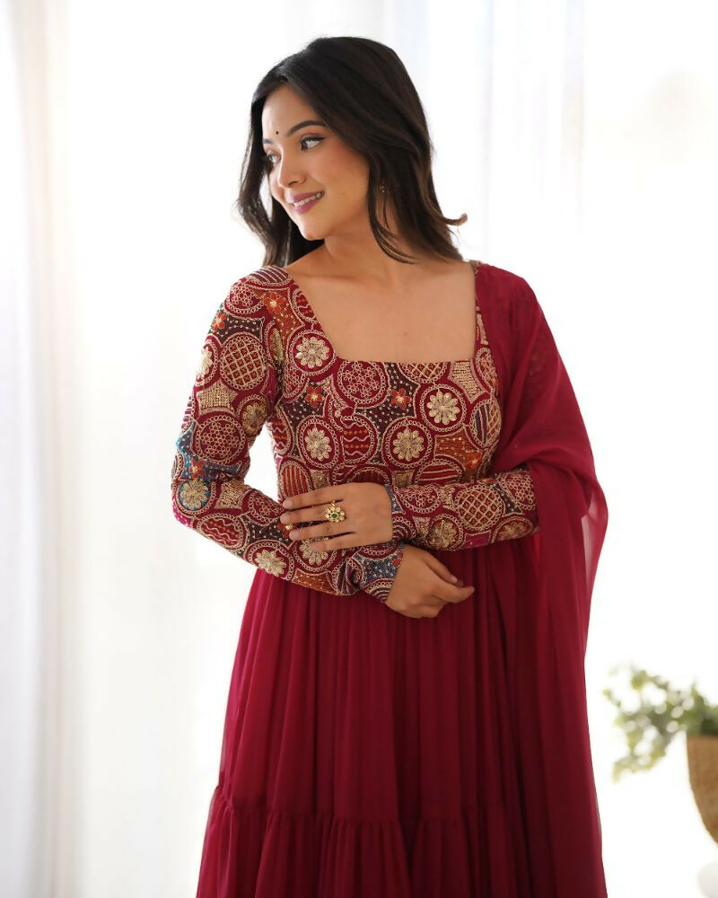 Teeya Creation Maroon Color Faux Georgette Heavy Multi Thread Work Functional Wear Gown - Distacart