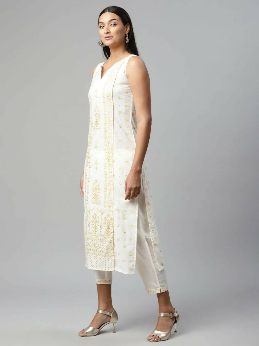 Ahalyaa Womens Off White Pure Cotton Printed Kurta Pant Set - Distacart