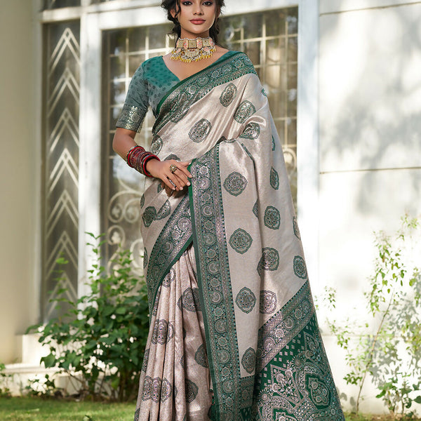 Shree Shyam Fashion Cream With Dark Green Silk Blend Saree - Distacart