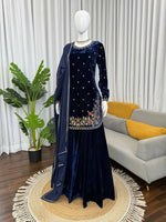 Thumbnail for Vastranavya Blue Viscose Velvet Thread Sequence Work Kurta & Palazzo With Dupatta
