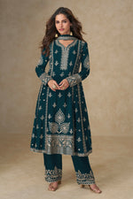 Thumbnail for Anaita Teal Green Chinon Silk Stitched Suit with Embroidery & Sequence Work - Distacart