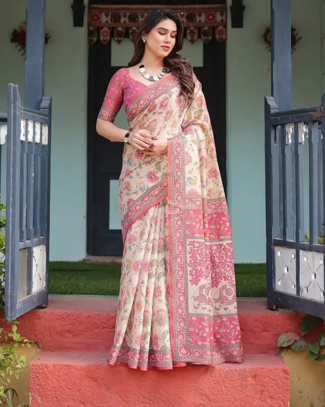 Prime Volt Pink Floral Printed Linen Tissue Silk Saree with Matching Blouse | Elegant Festive Wear Saree - Cream