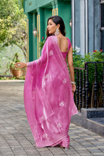 Thumbnail for Vastranavya Baby Pink Embroidery Work Shimmer Chiffon Saree with Unstitched Blouse