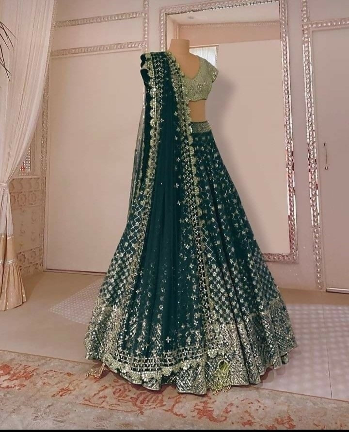 Jyoti Fashion Catching Bottle Green Faux Georgette Sequins with Paper Mirror & Jari Embroidery Lehenga Choli with Dupatta - Distacart