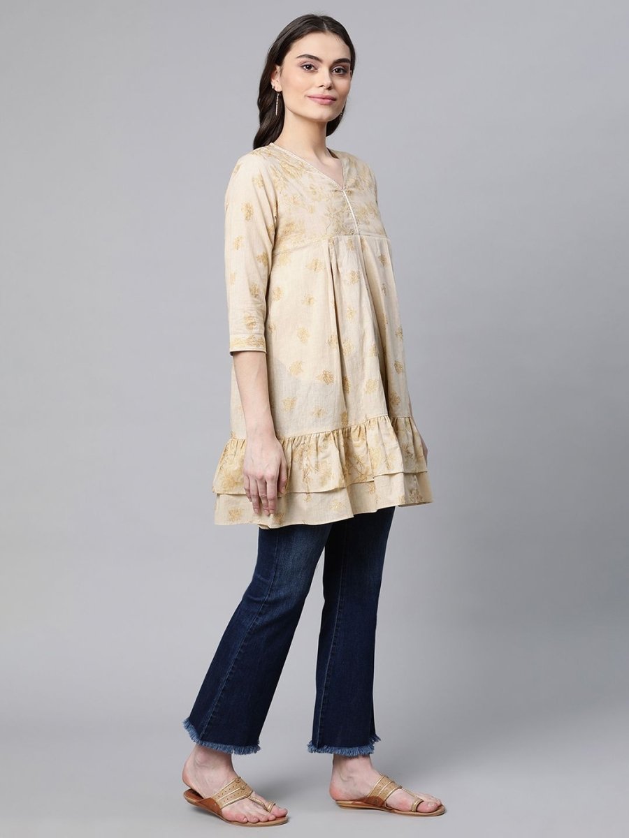 Ahalyaa Beige Cotton Gold Printed Tunic - Distacart
